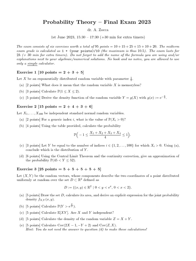 Probability Theory Final Exam 2023 | PDF | Probability Density Function ...