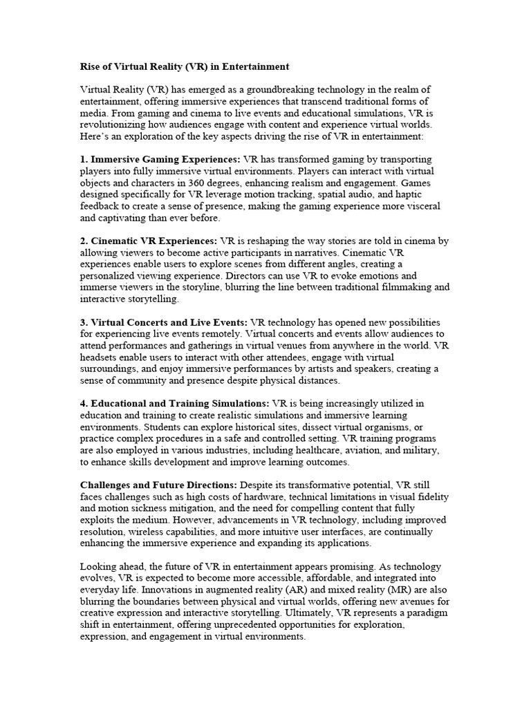 Virtual Reality's Impact on Entertainment | PDF | Virtual Reality ...