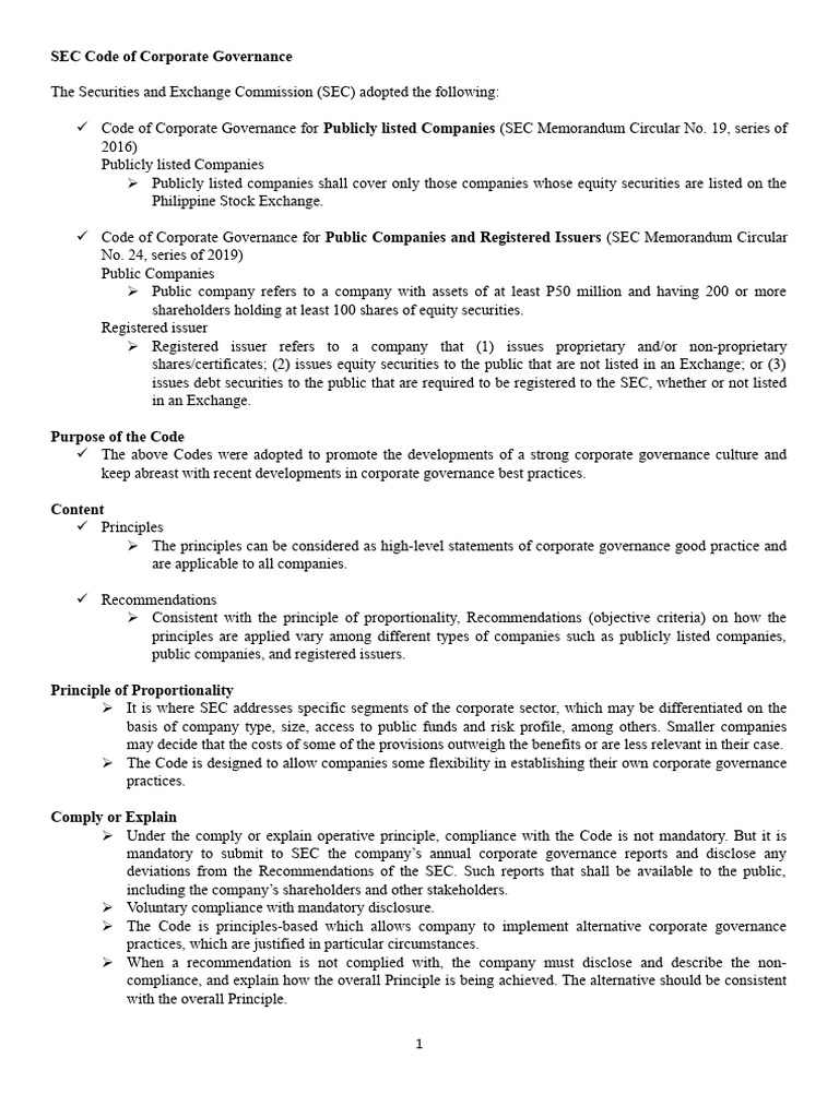 SEC Corporate Governance Code Overview | PDF | Internal Control ...