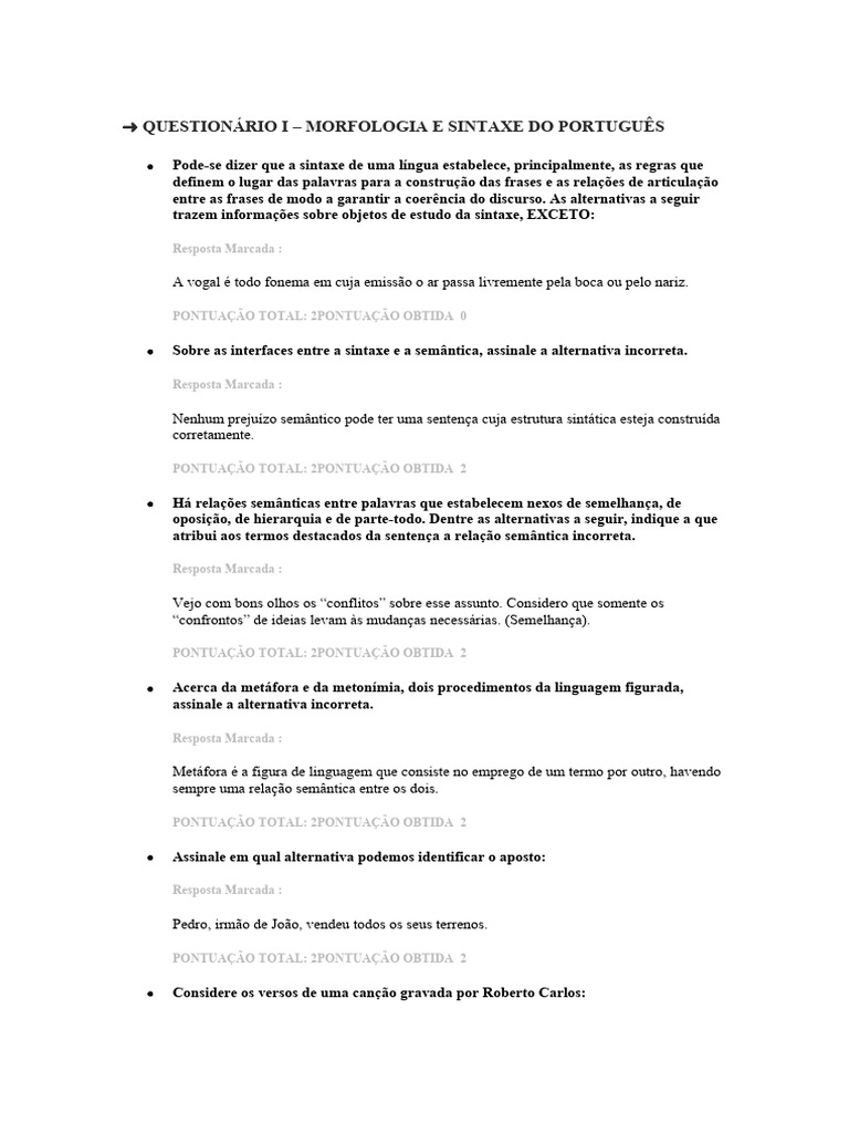 QUESTIONÁRIO I e LL - MORFOLOGIA E SINTAXE DO PORTUGUÊS | PDF | Pronome ...