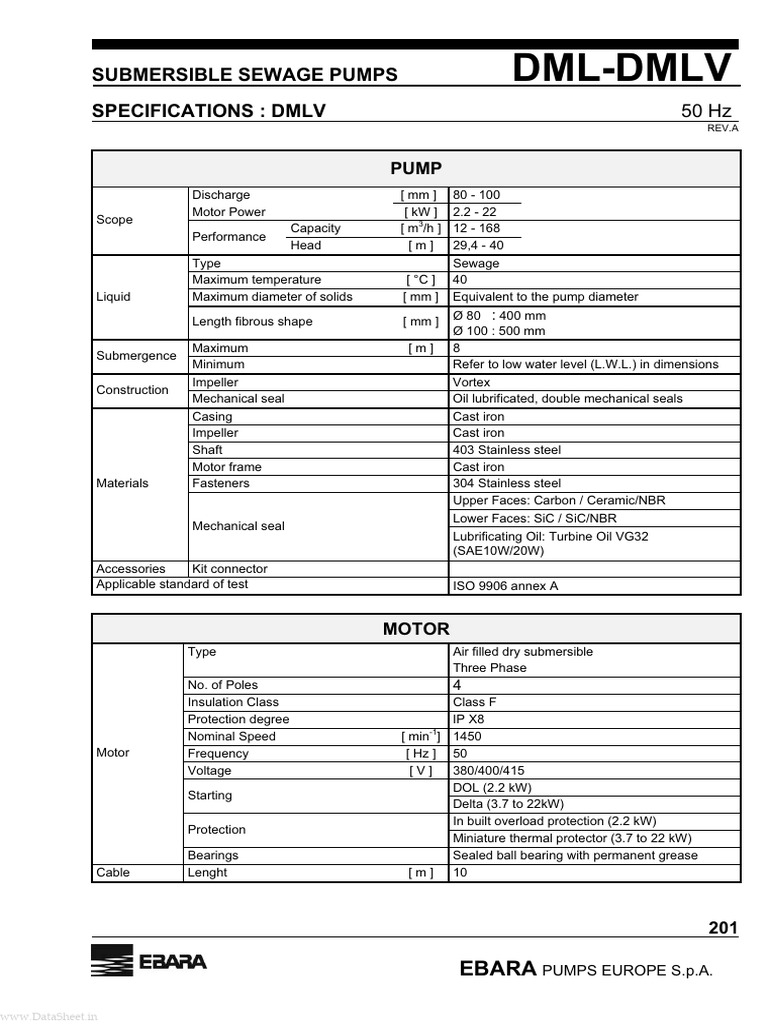 DMLV Submersible Sewage Pump Specs | PDF | Pump | Electric Motor
