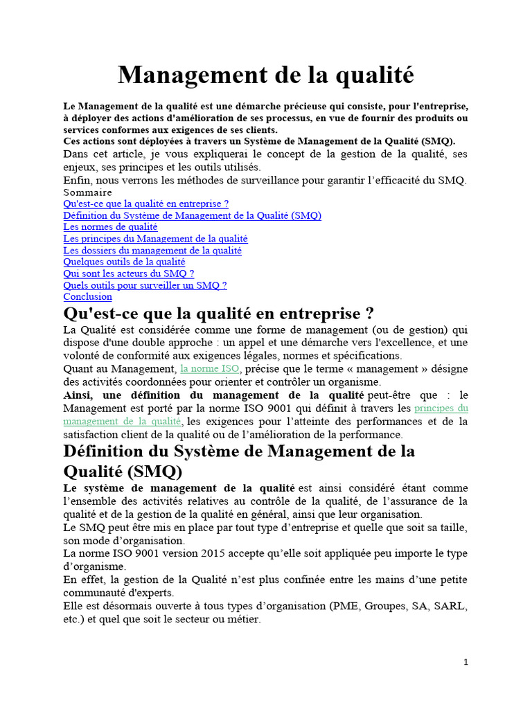 Management de La Qualité | PDF | Management de la qualité | Système de ...