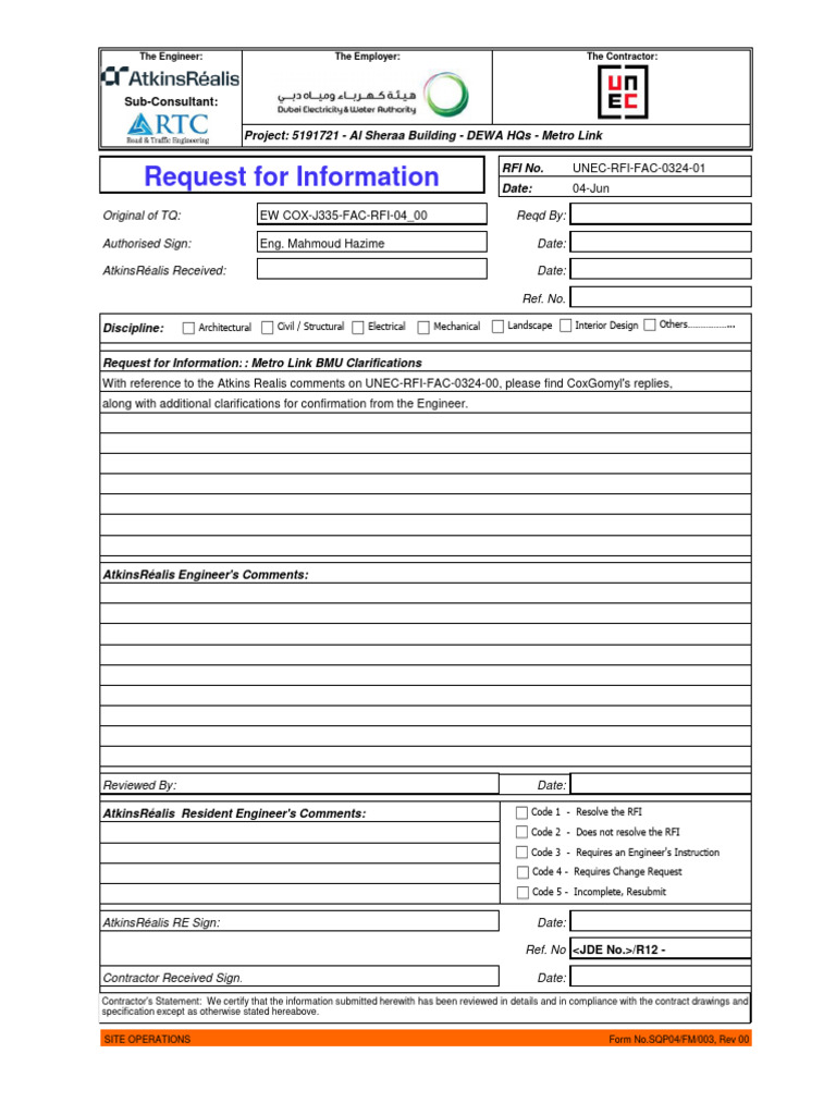 UNEC RFI for Metro Link BMU Clarifications | PDF | Crane (Machine)