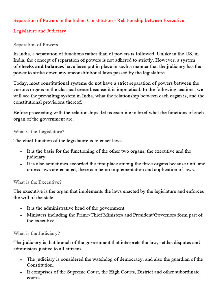 Separation of Powers in The Indian Constitution | PDF | Separation Of ...