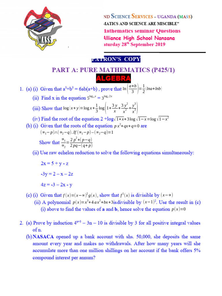 A level mathematics seminar questions patron 2019 pdf probability