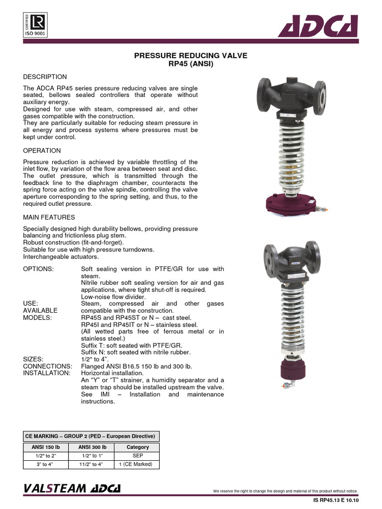 ADCA RP45 Pressure Reducing Valve Guide | PDF | Valve | Chemical ...