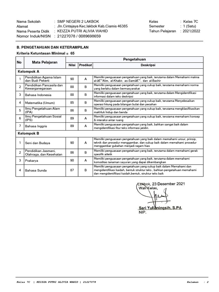 Laporan Nilai Kelas 7C dan 7D SMP | PDF