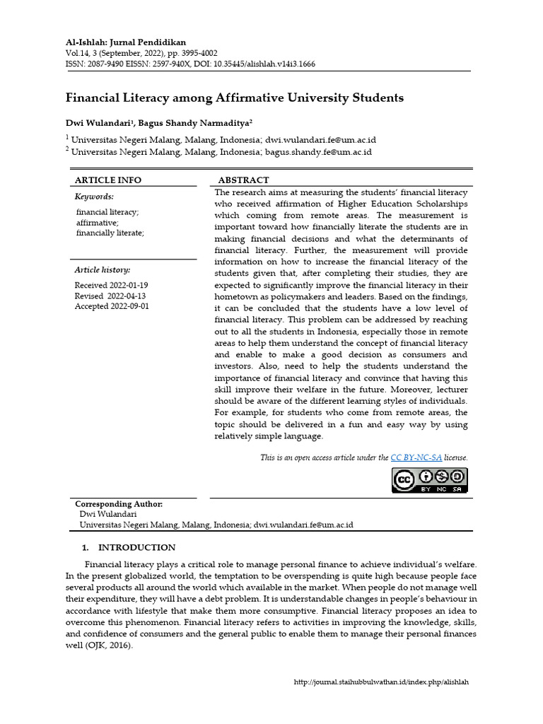 Financial Literacy Among Affirmative University ST | PDF | Cost Of ...