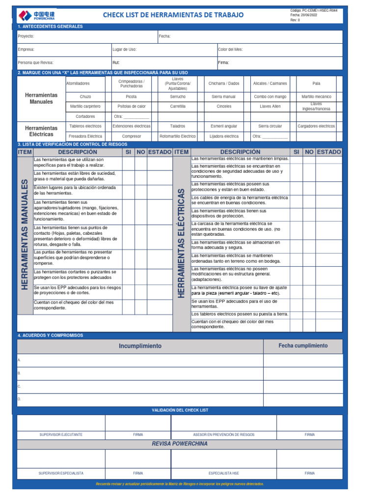 PC-CEME1-HSEC-R044 - Check de Herramientas de Trabajo | PDF ...