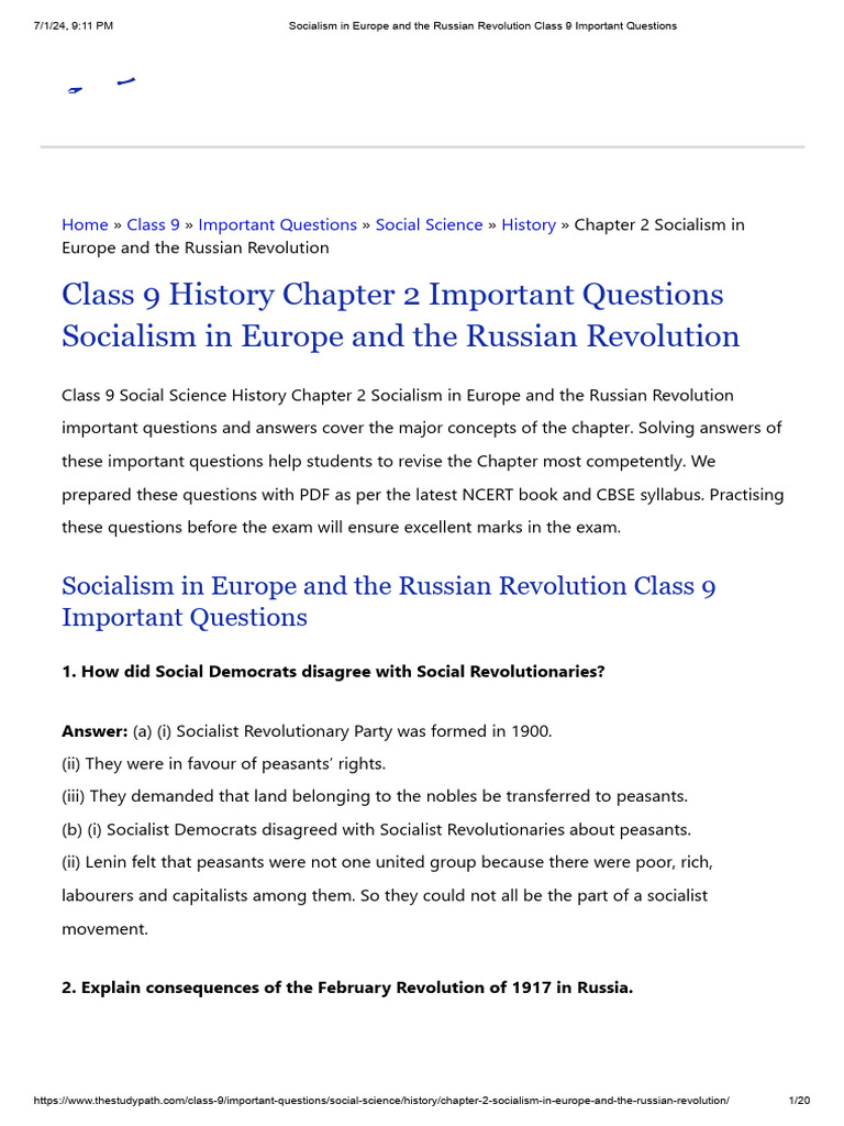 Socialism in Europe and The Russian Revolution Class 9 Important ...