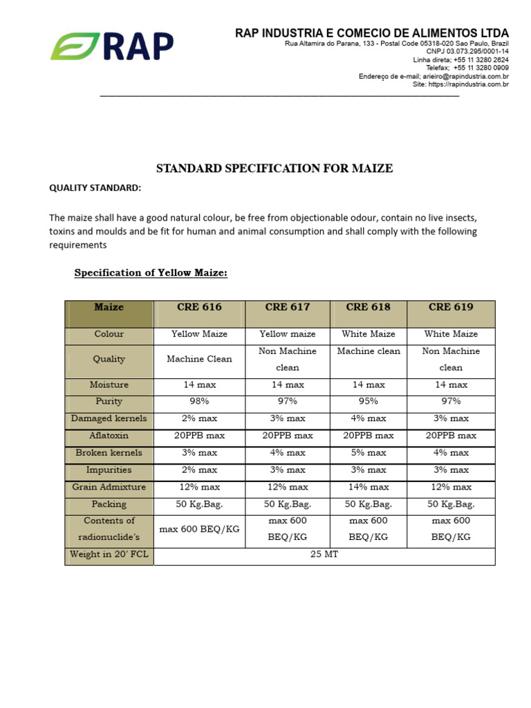 Yellow Maize Specifications for Feed | PDF | Maize | Cereals