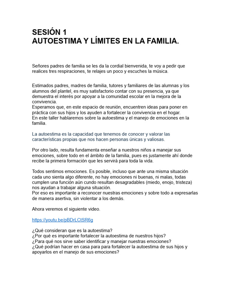 Taller de Autoestima y Emociones en Familia | PDF | Autoestima | Las ...