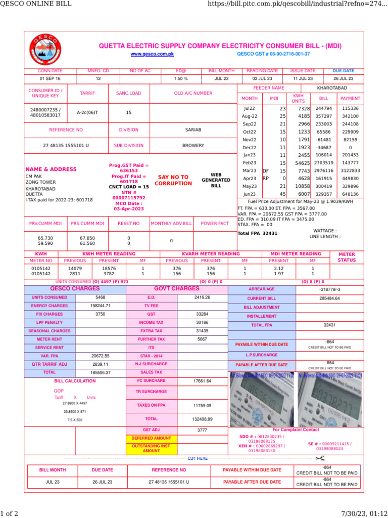 Quetta Electric Supply Company Electricity Consumer Bill (Mdi) PDF