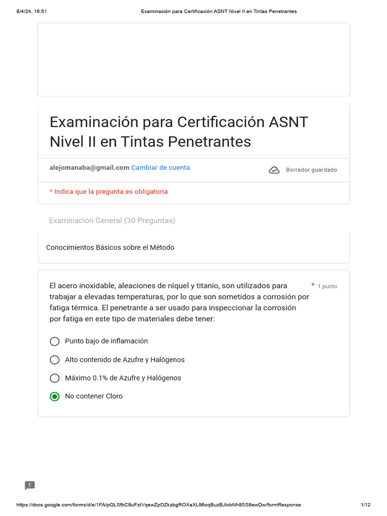 Examinación para Certificación ASNT Nivel II en Tintas Penetrantes ...