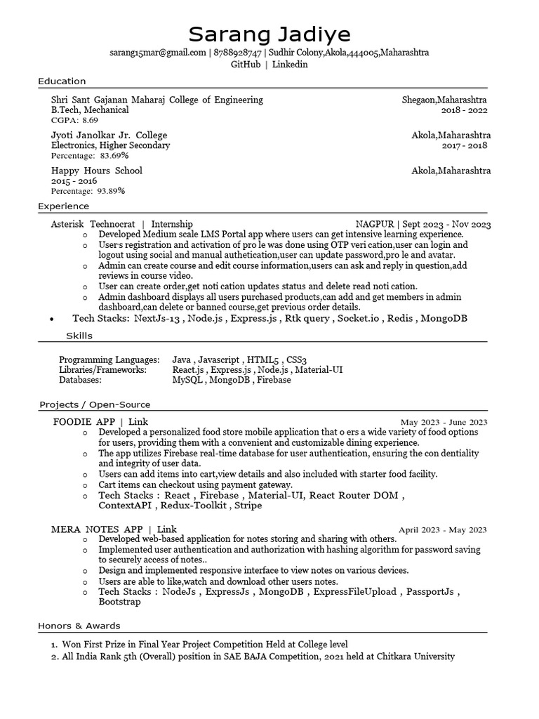 Sarang's Resume | PDF | Mongo Db | Databases