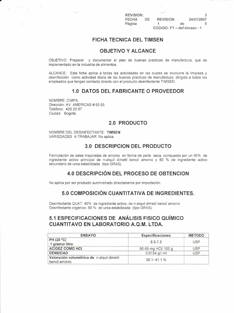 Ficha Técnica del Desinfectante Timsen | PDF