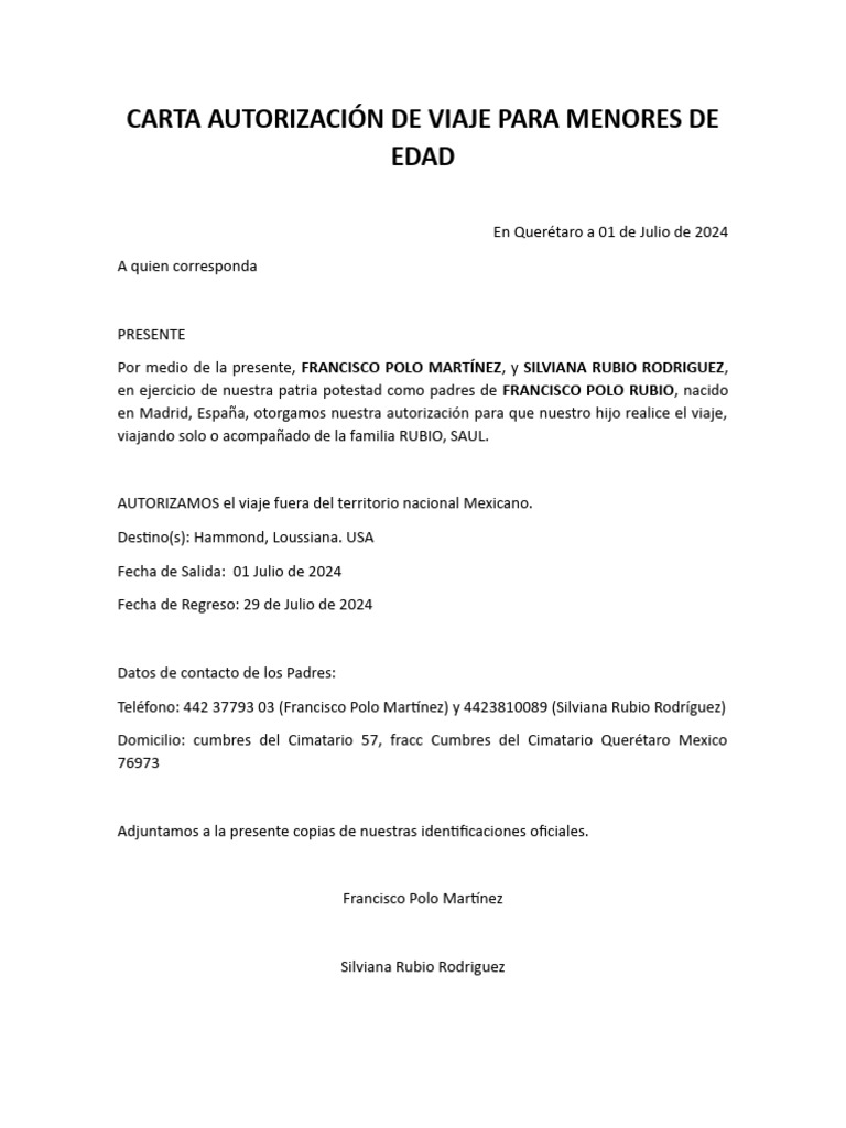 Carta De Viaje Para Menores De Edad/carta De Consentimiento Para Viaje ...