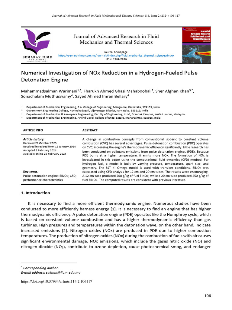 NOx Reduction in Hydrogen Pulse Detonation Engines | PDF | N Ox ...