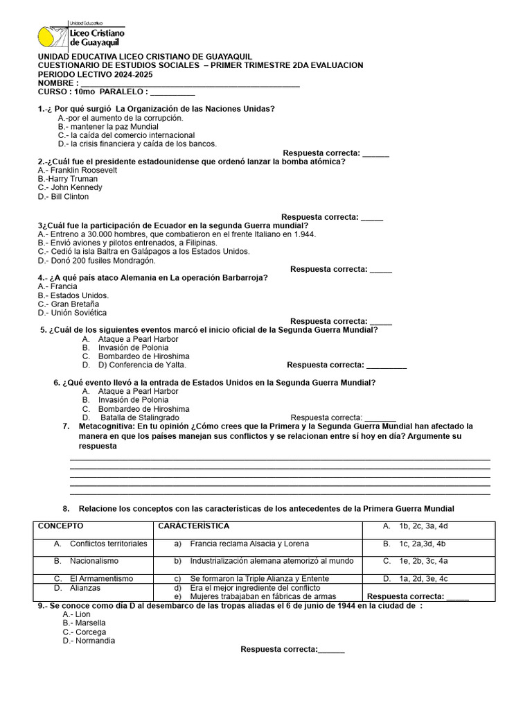 Cuestionario de Eess 10mo PDF Segunda Guerra Mundial Primera