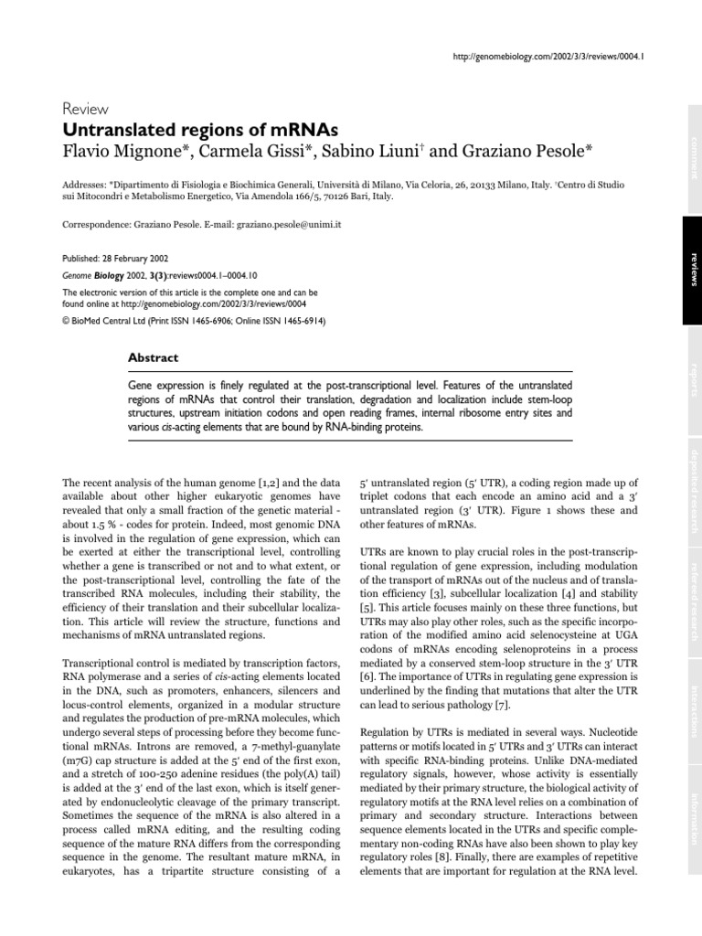 Role of mRNA Untranslated Regions | PDF | Messenger Rna | Translation ...