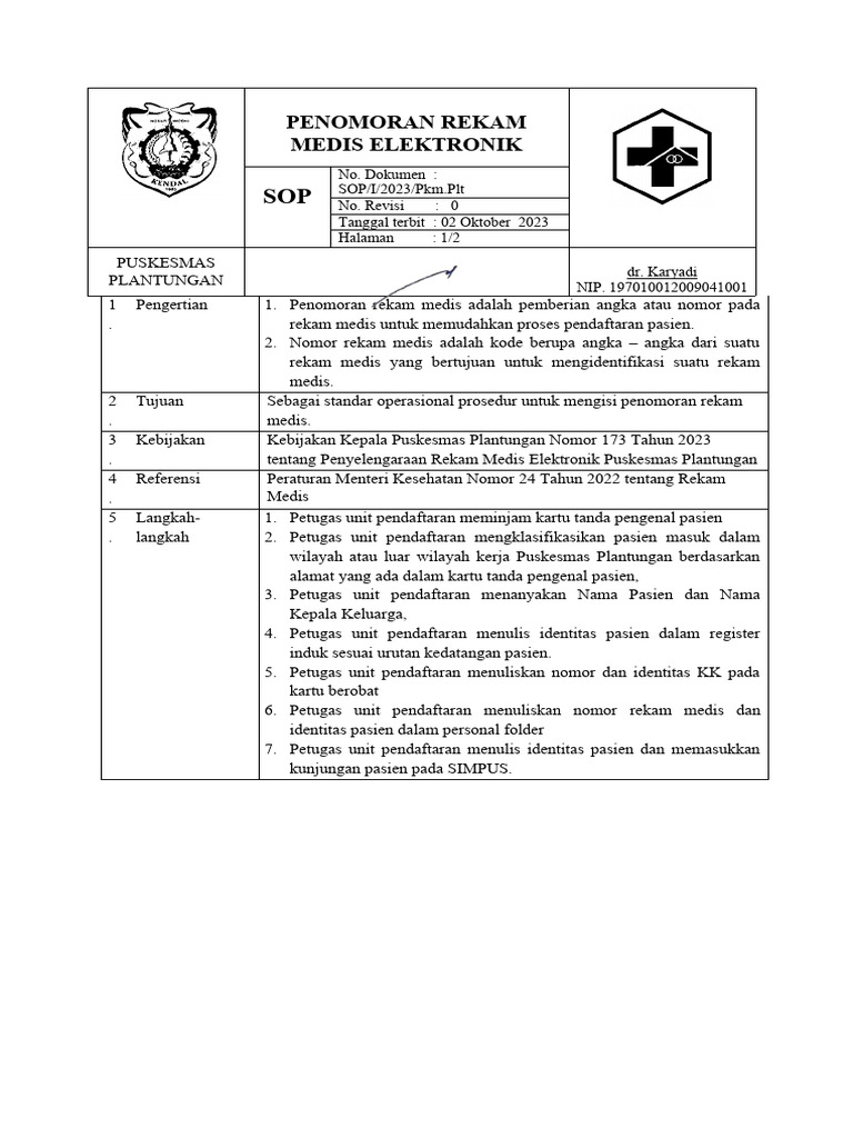 SOP Penomoran Rekam Medis Puskesmas | PDF | Hukum