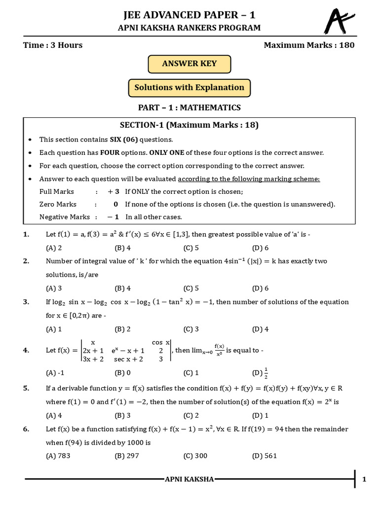 JEE Advanced Paper 1 Mathematics Solutions | PDF | Applied And ...