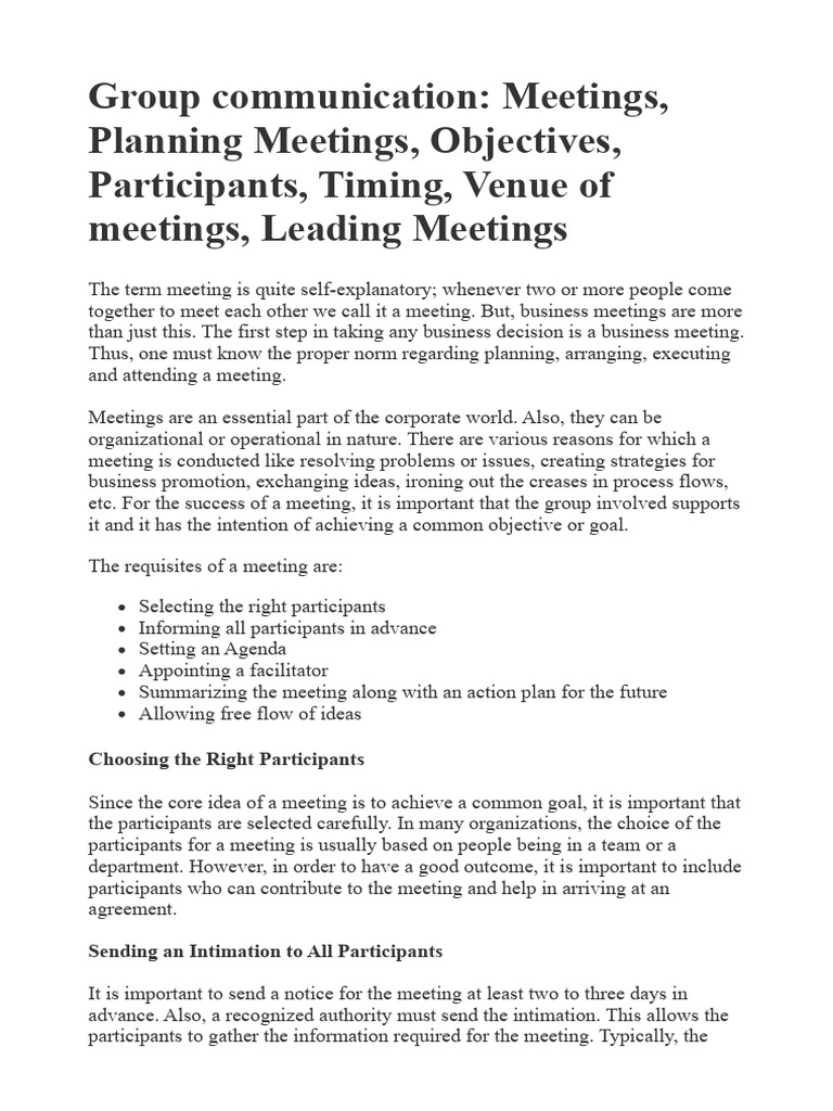Group communication meetings planning meetings objectives