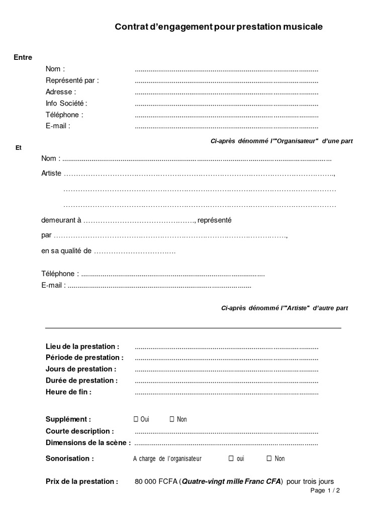 Contrat de Prestation Musicale Standard | PDF