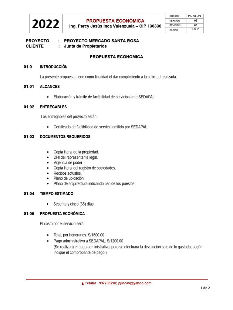 Propuesta Económica Proyecto Santa Rosa | PDF