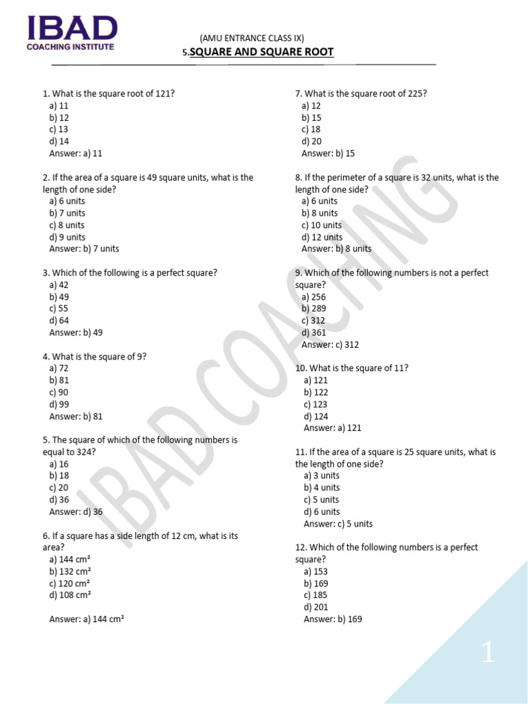 Square and Square Root Practice Quiz | PDF | Area | Number Theory