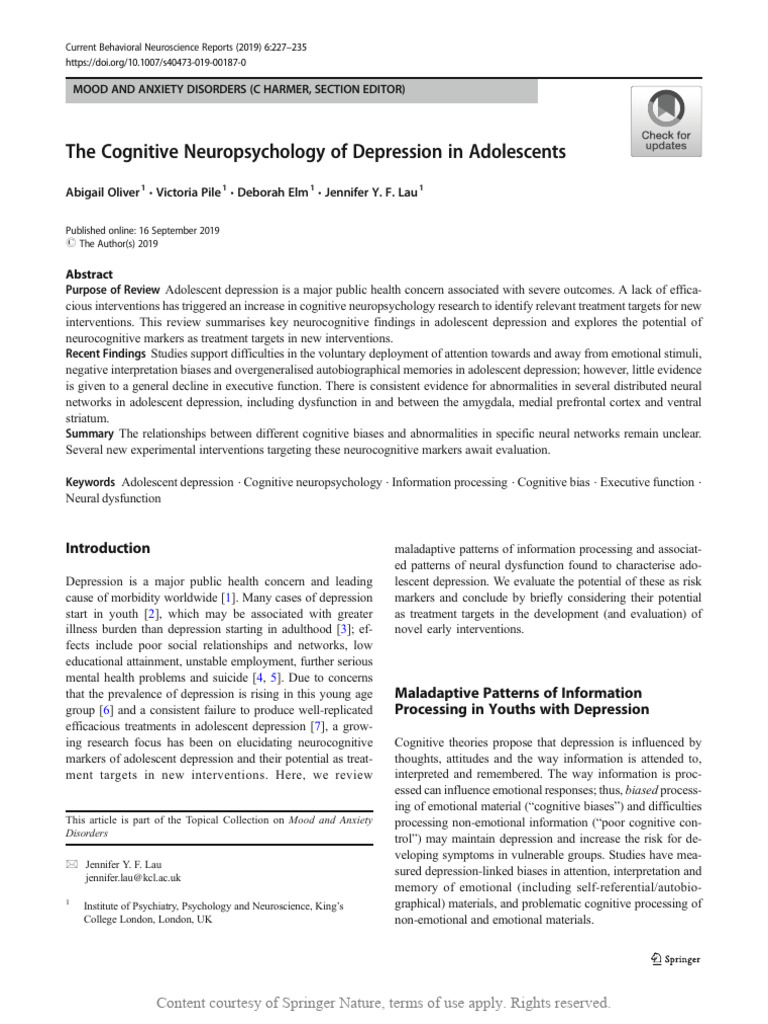 The Cognitive Neuropsychology of Depression in Ado | PDF | Executive ...