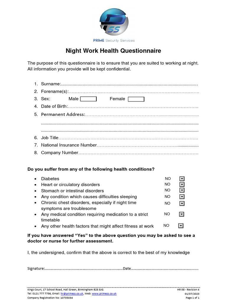 Night Work Health Questionnaire Form | PDF | Health Sciences | Health Care