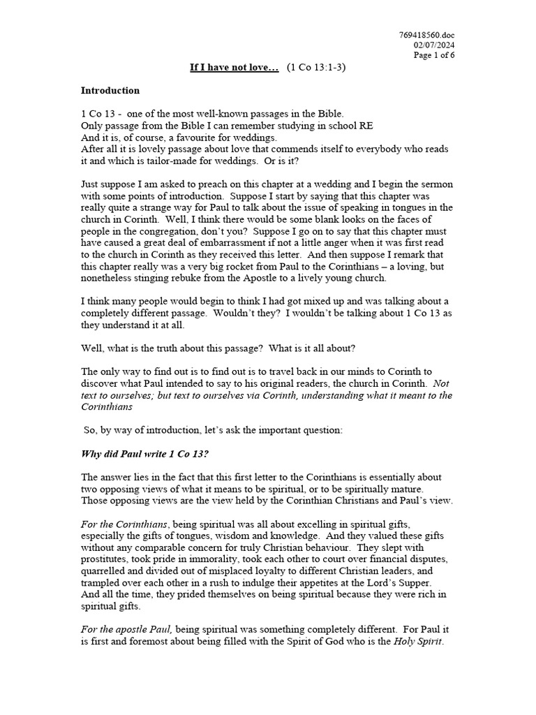 Sermon on 1co 13 1 3 if i have not love pdf spiritual gift paul