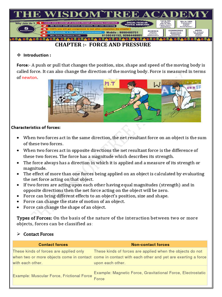 Chapter Force and Pressure Notes Class 8th PDF | PDF | Force | Pressure