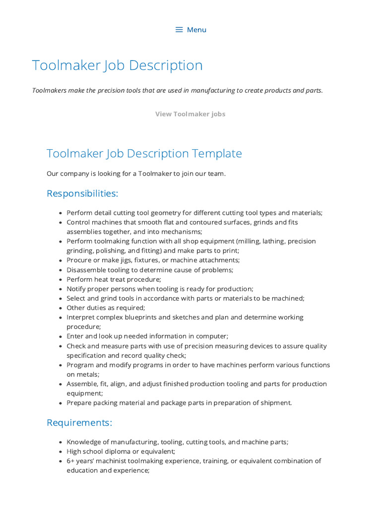 Toolmaker Job Description PDF Industrial Processes Engineering