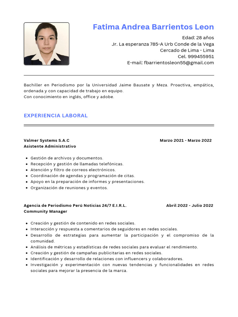 CV de Fátima Barrientos León | PDF | Documento de identidad