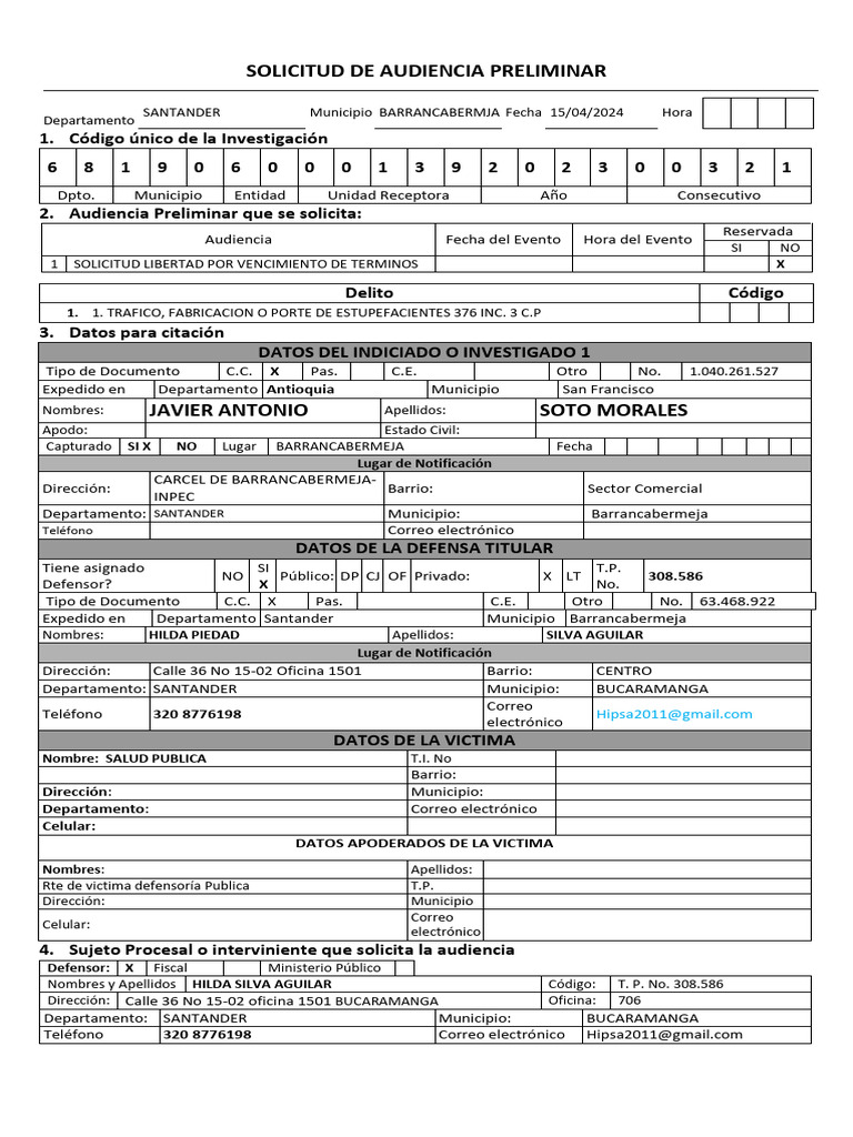 Formato Solicitud Audiencia Preliminar 2 Javier Soto Morales Pdf
