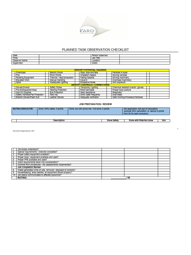 REG006 Planned Task Observation Checklist | PDF | Personal Protective ...