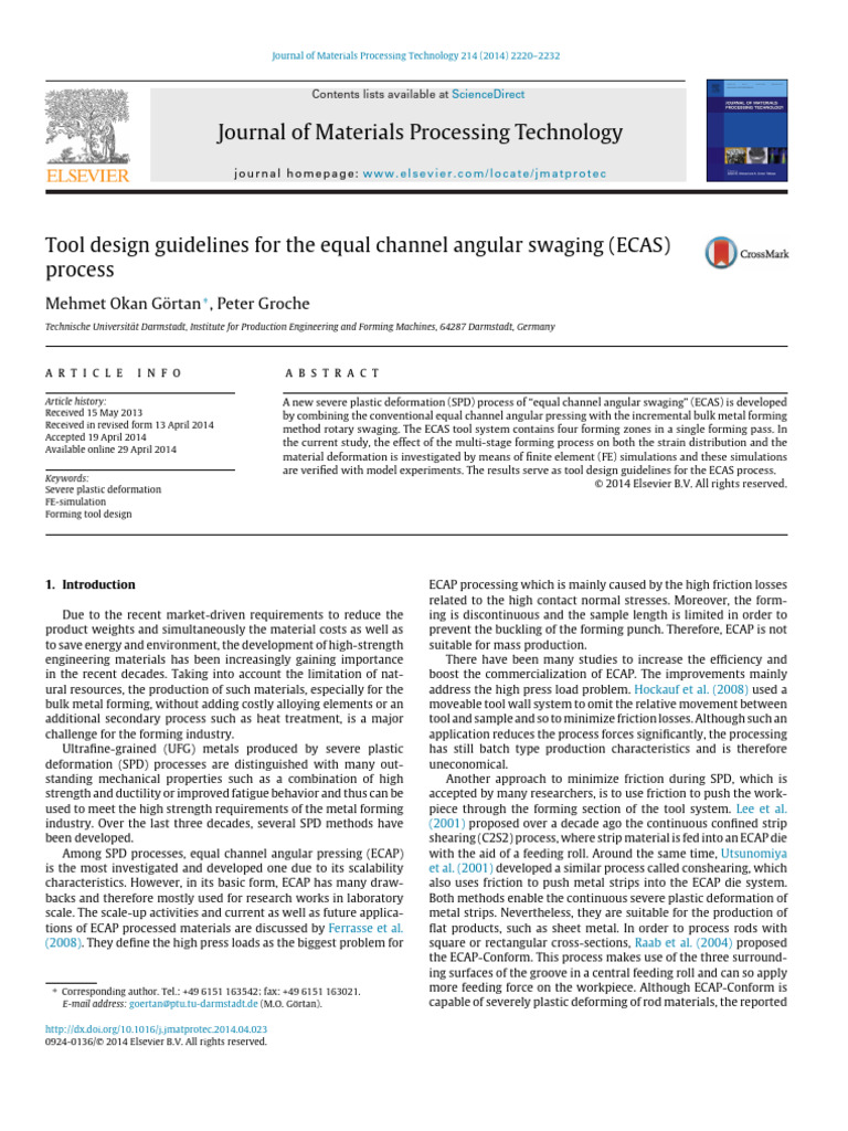 Tool Design Guidelines For The Equal Channel 2014 Journal of Materials ...