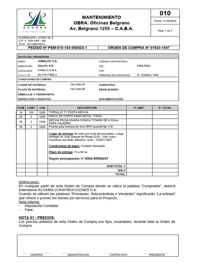 Orden de Compra para Mantenimiento en CABA | PDF