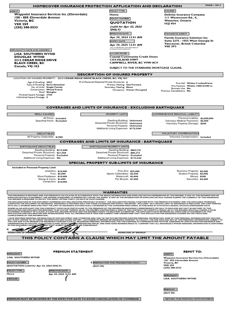Home Insurance Quotation for Black Creek | PDF | Insurance | Deductible
