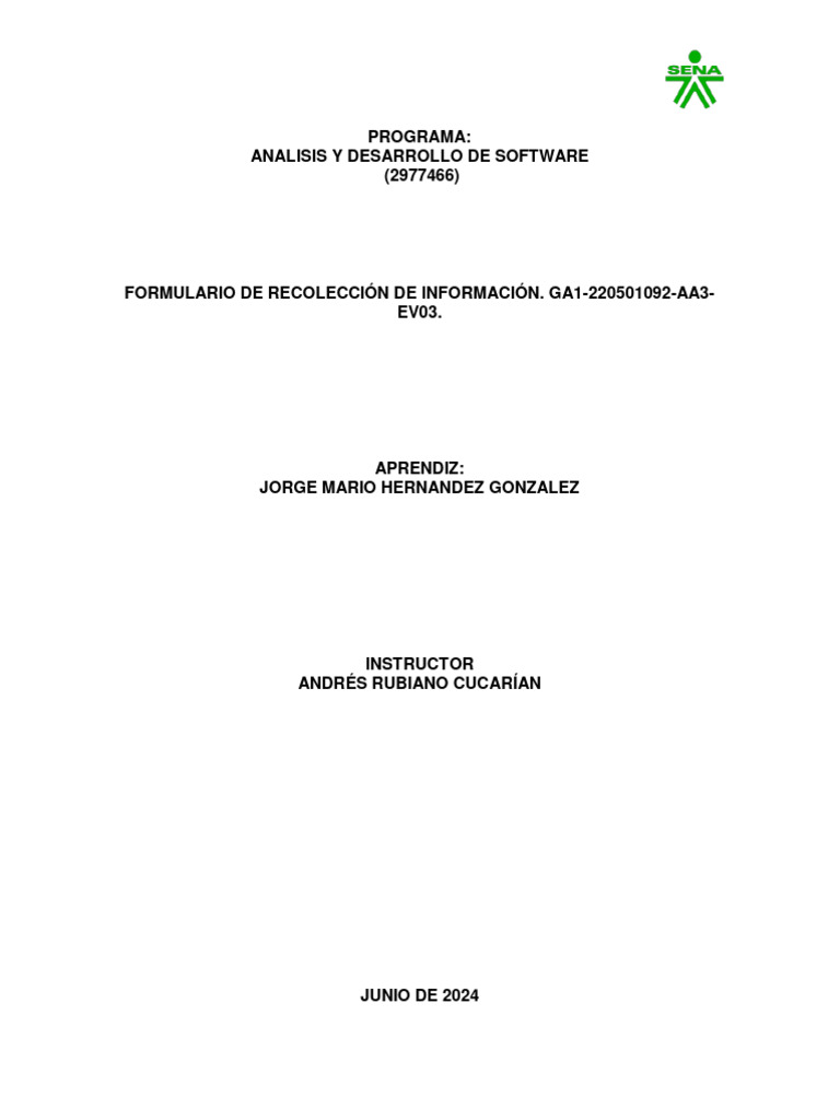 Formulario De Recolección De Información Ga1 220501092 Aa3 Ev03 Pdf