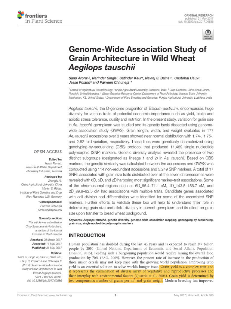 Arora Et Al. 2017 - GWAS of Grain Architecture in Wild Wheat | PDF ...