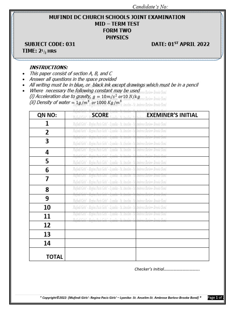 Form Two Physics Mid-Term Exam Guide | PDF | Force | Liquids