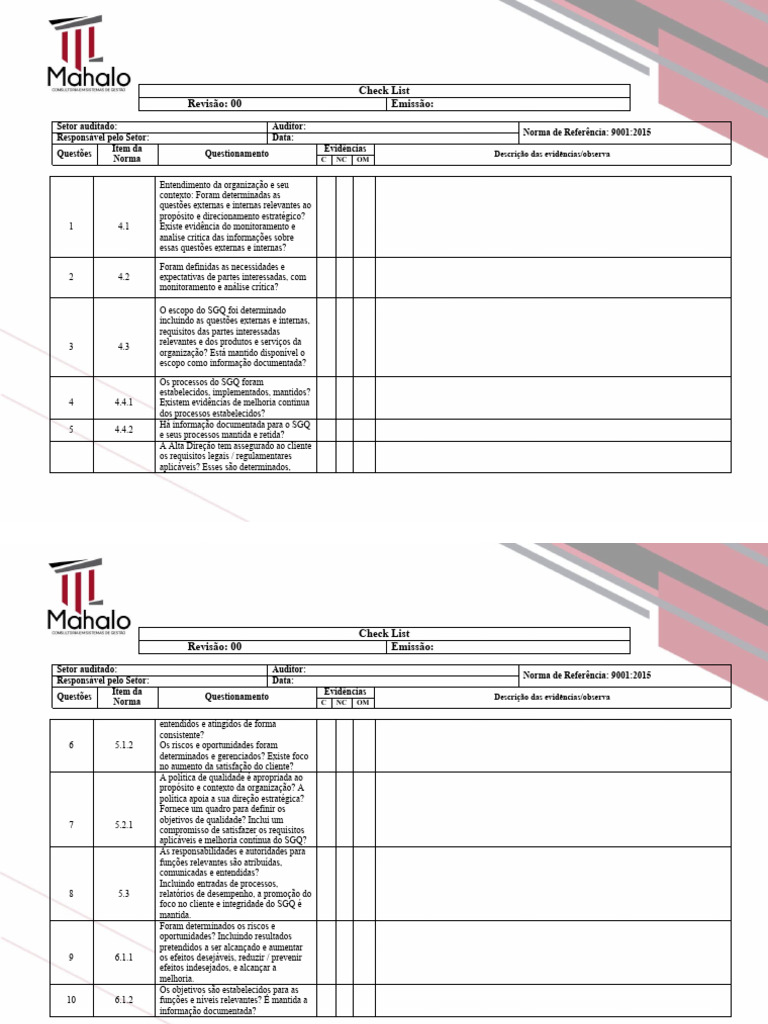 Checklist ISO 9001:2015 | PDF | Negócios | Finanças e Administração de ...