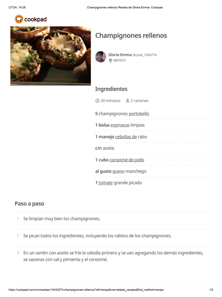 Champignones rellenos Receta de Gloria Emma- Cookpad | PDF
