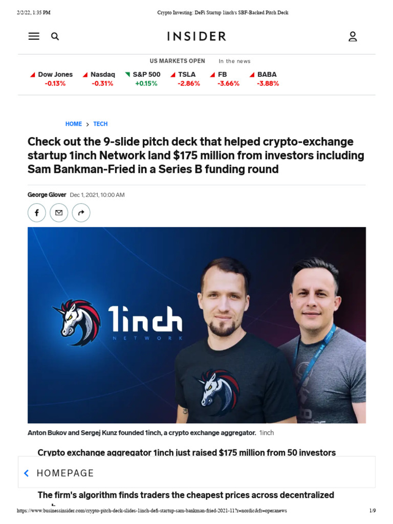 Crypto Investing DeFi Startup 1inchs SBF-Backed Pitch Deck | PDF |  Cryptocurrency | Startup Company