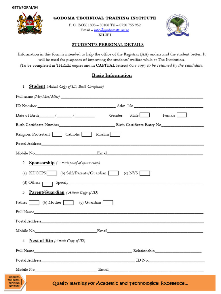 Student Personal Details Form PDF Birth Certificate