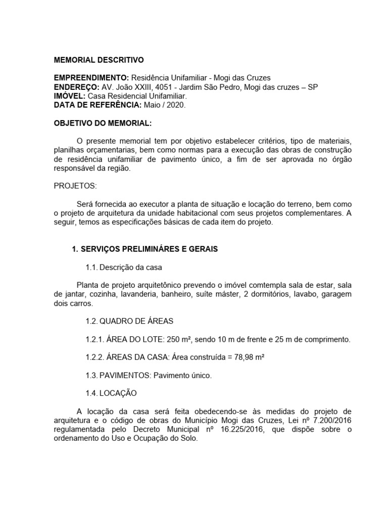 Memorial Descritivo | PDF | Argamassa (alvenaria) | Materiais de construção
