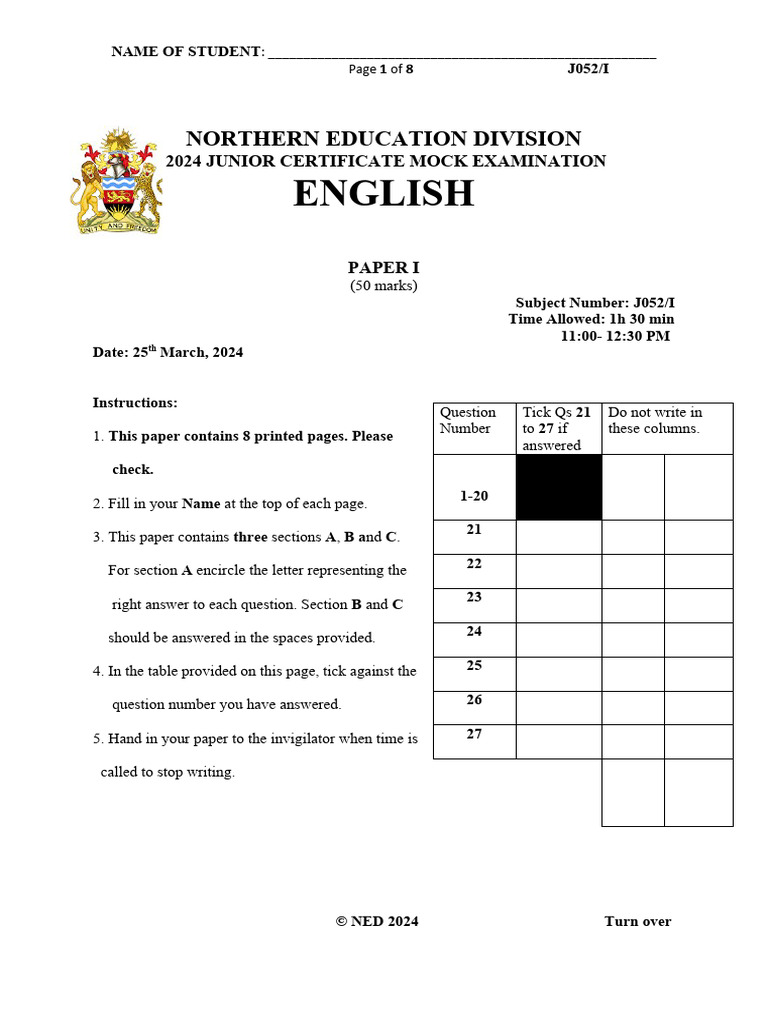 JCE English Mock Exam Paper I | PDF | Adverb | Adjective